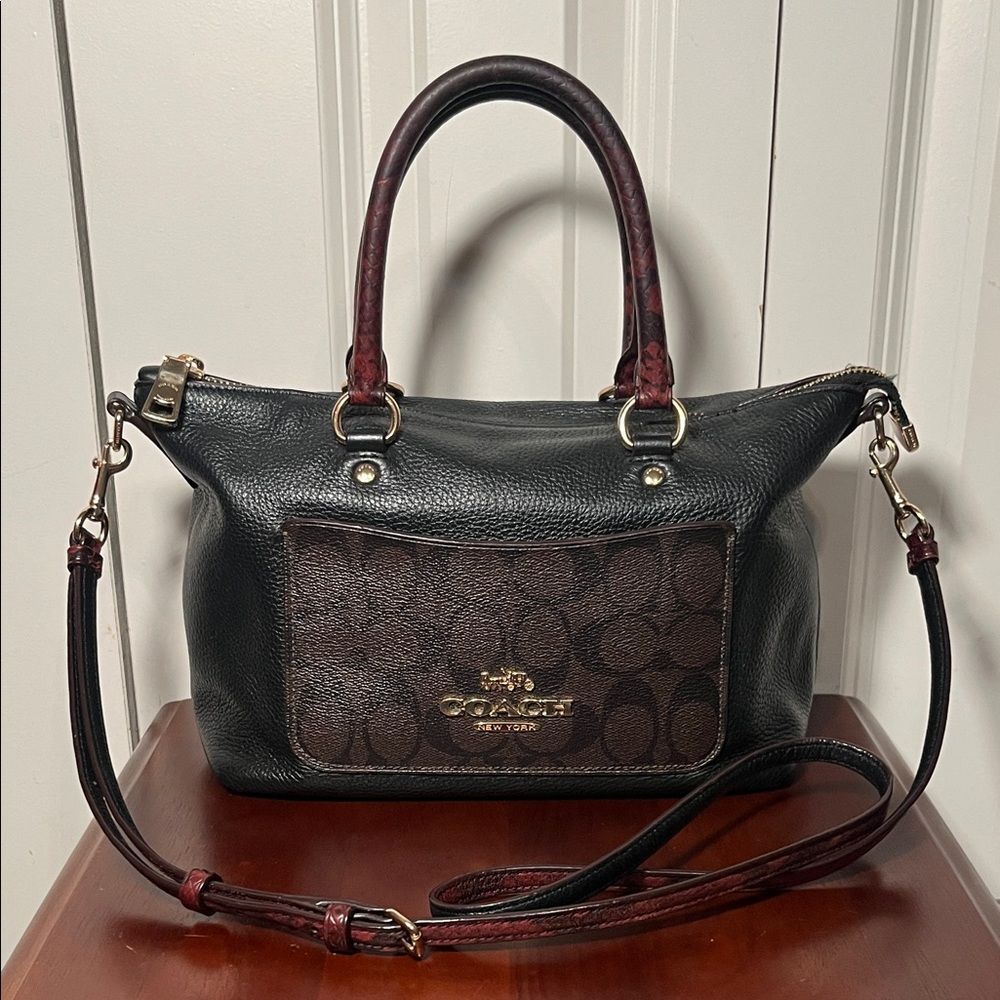 Coach Exotic Mini Emma Satchel Top Handle Python Accent Black Brown Leather Bag